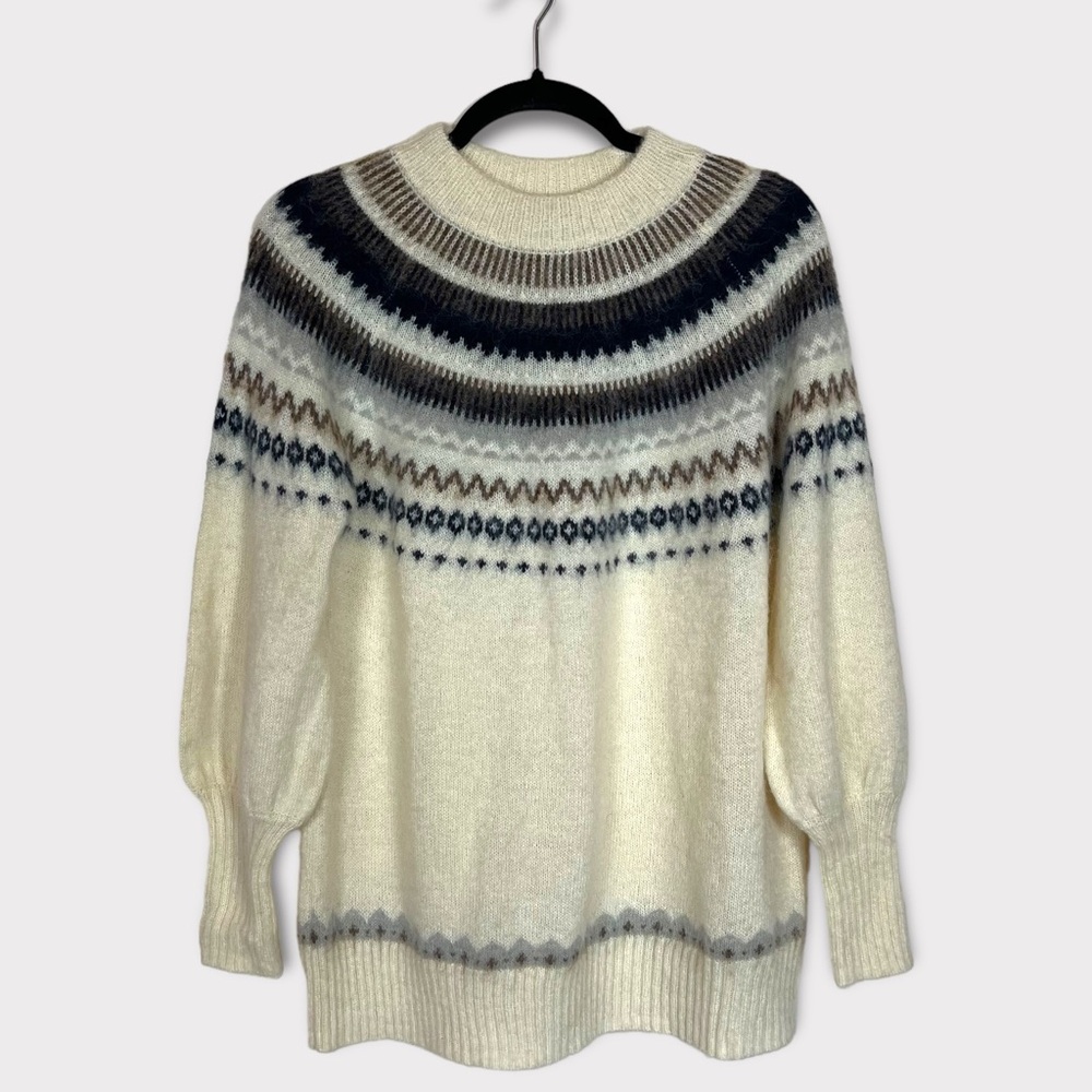 J. Crew Fair Isle Yoke Puff-Sleeve Sweater Large Wool Blend Cozy‎ Cottage Casual
